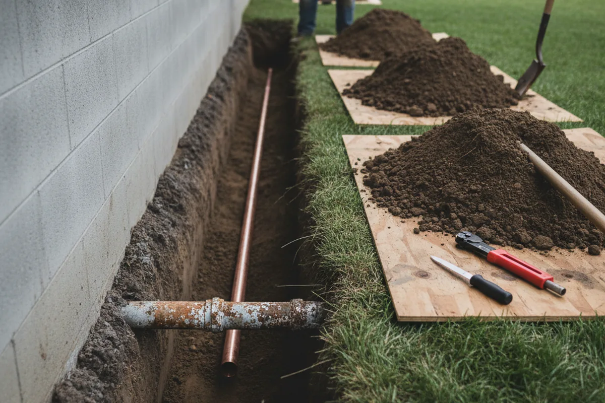 Excavated water line trench during Water Heater Repair in Mackville